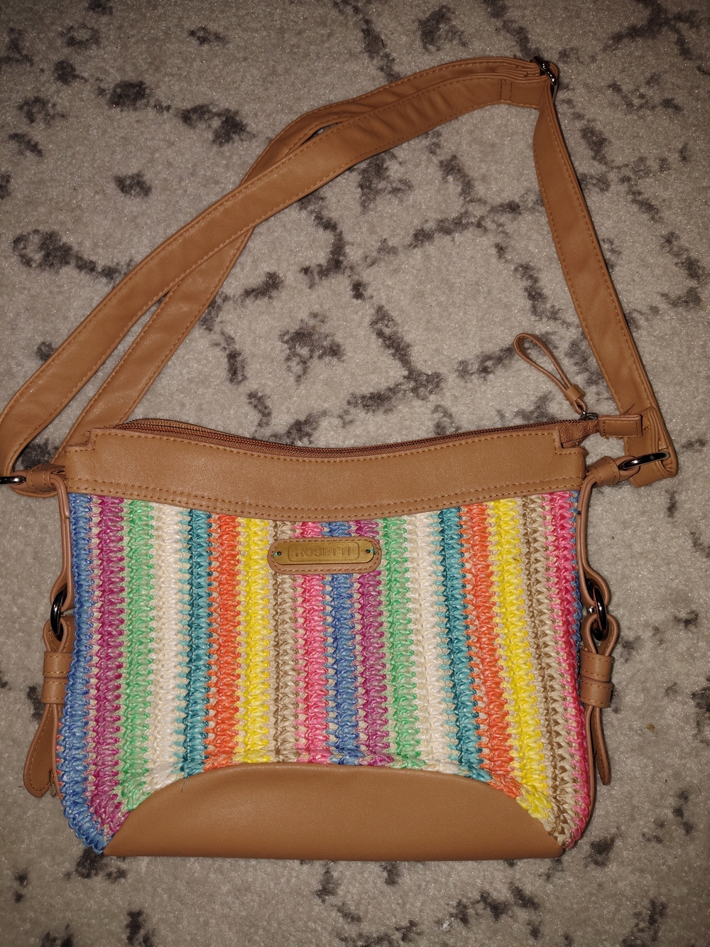 Rosetti Tan Multi-Stripe Woven Crossbody Bag